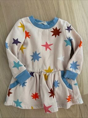 Mini Boden Cream Star Print Sweatshirt Dress with Blue Trim